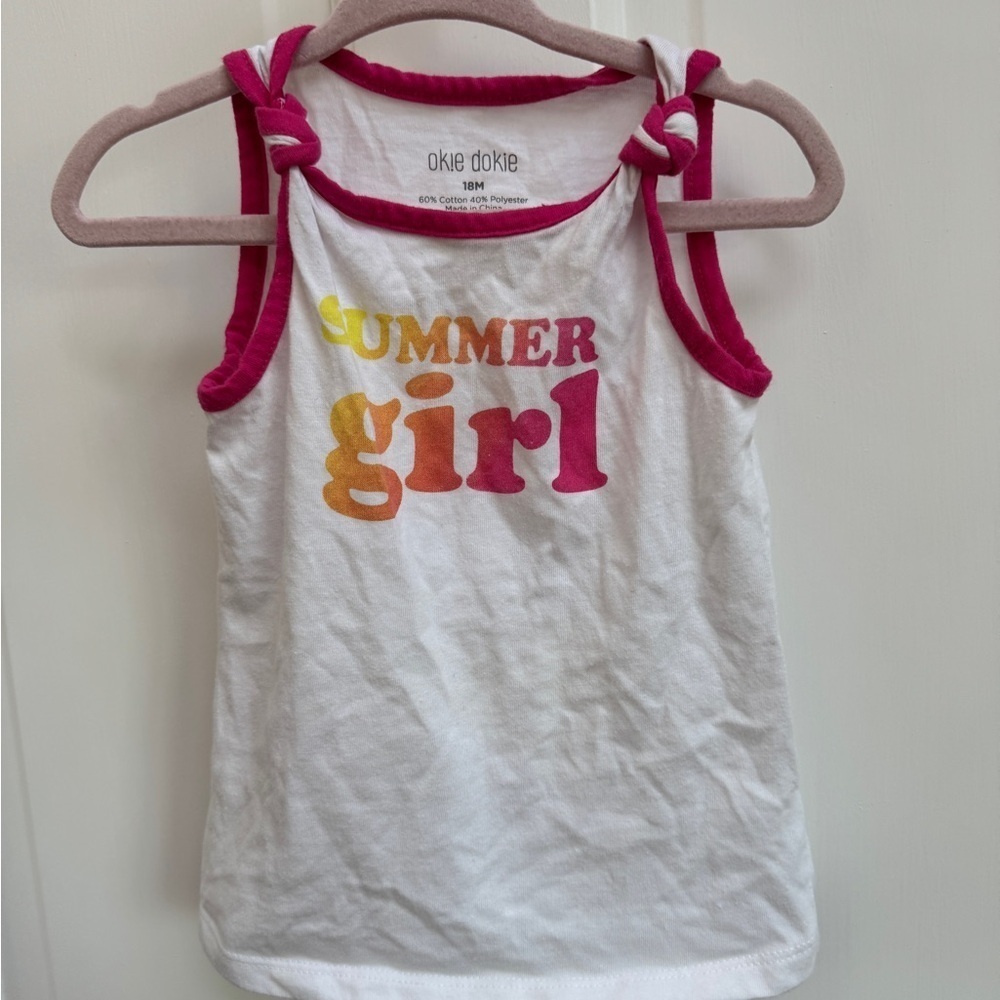 Okie Dokie 18M Girls White and Pink Tank Top with Summer Girl Print